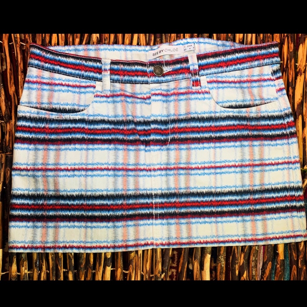 See By Chloe Plaid Mini Skirt in Red, Blue, and White